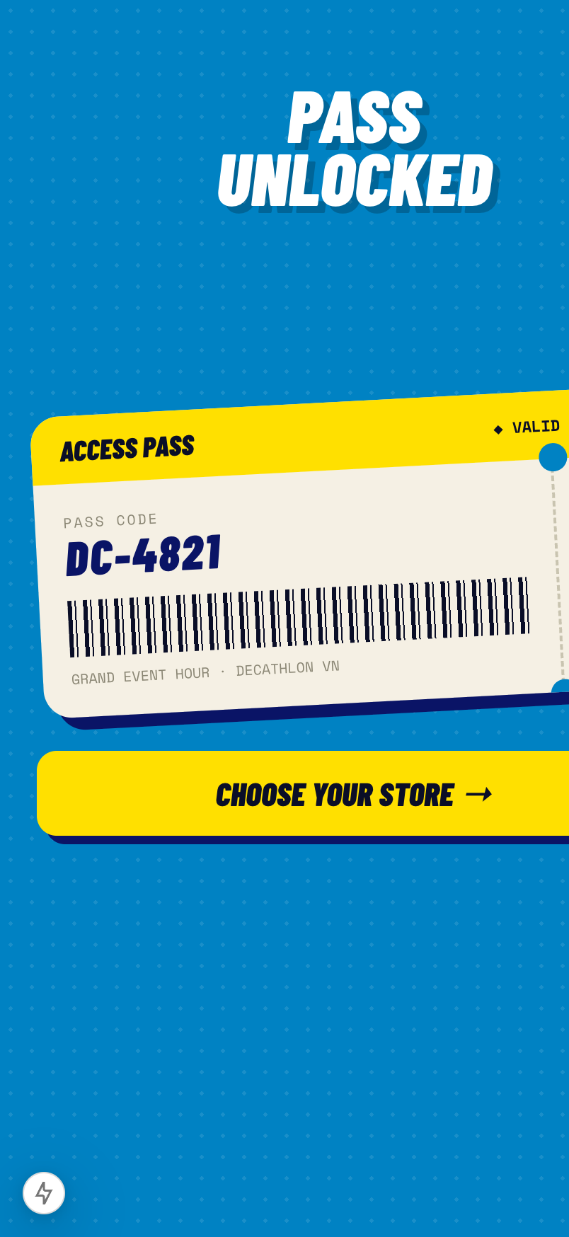 The Access Pass — persisted locally, resumable, and locked to a single store for the event.