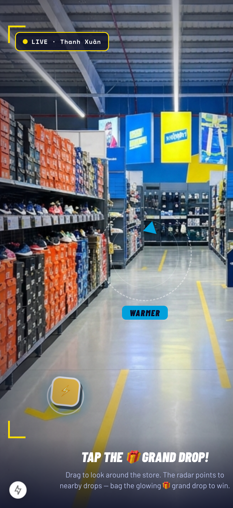 The live camera AR hunt. Drops are anchored in 3D around the player; the radar points to the nearest one. Turn the phone to find it, tap to catch.
