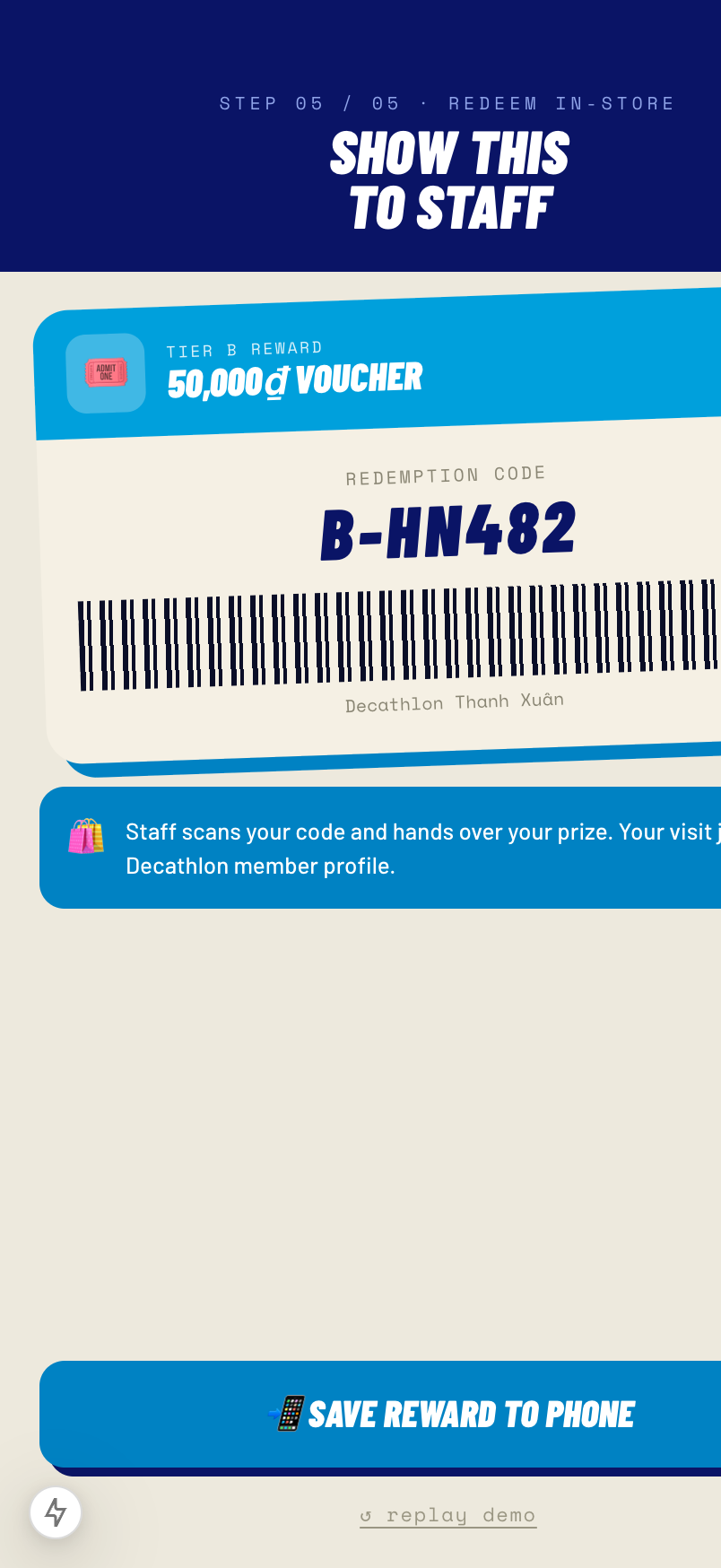 The redemption ticket — a barcode plus a "save to phone" export rendered on a canvas.