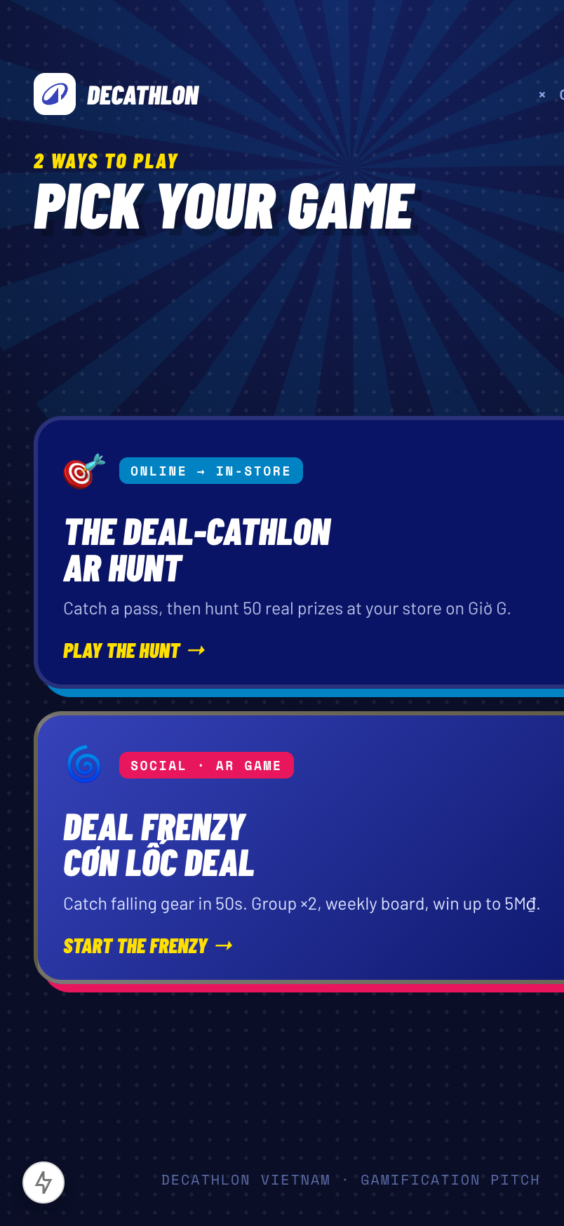 Both concepts live behind one link — players pick "The Deal-cathlon AR Hunt" or "Deal Frenzy / Cơn Lốc Deal" from the hub.
