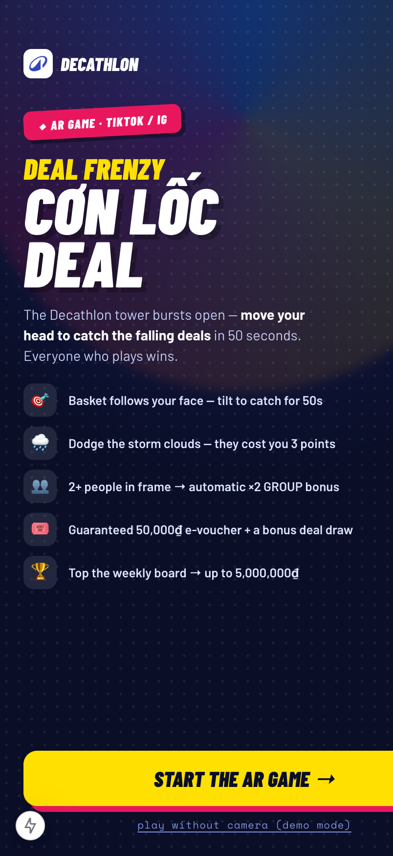 The Deal Frenzy intro. Face-controlled basket, a ×2 group bonus, a guaranteed voucher, and a weekly leaderboard worth up to 5,000,000₫.