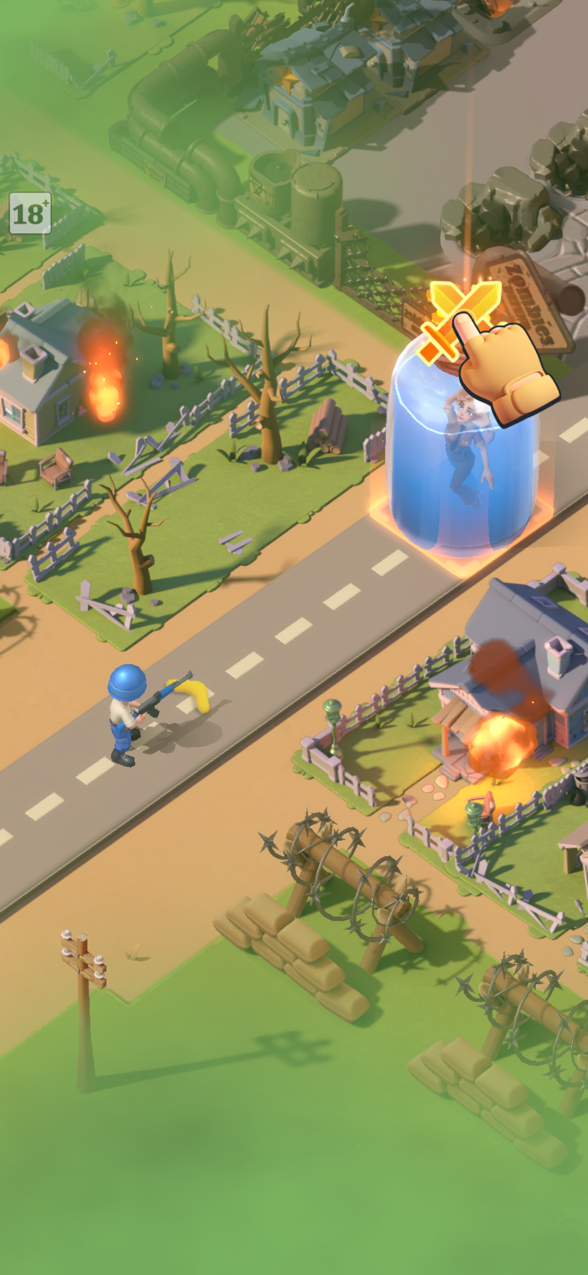 The hero summon animation mid-pull: a tall cylinder of electric blue light erupts from the base ground. A ghostly soldier silhouette shimmers inside it. Buildings around the cylinder are still burning — war is happening simultaneously — but the capsule holds the eye completely. The summon is not a menu transition. It is an event that happens *in your world*, making the gacha pull feel spatially and physically real.