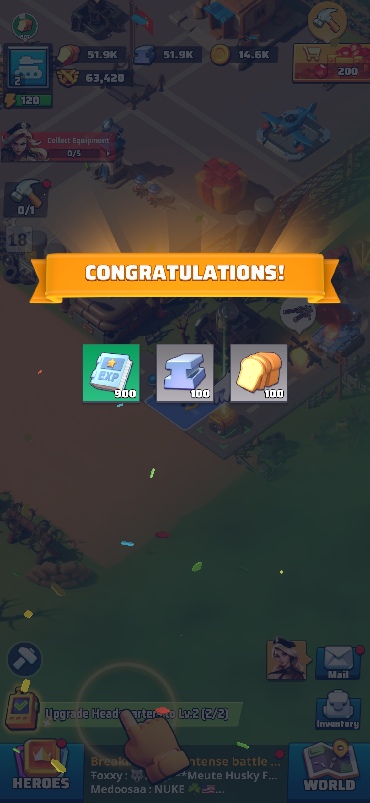 "CONGRATULATIONS!" — the HQ level-up reward screen delivers 900 EXP, 100 iron, and 100 food. The reward is modest in absolute terms. The visual treatment is not: golden banner, confetti, oversized icons. This is a ceremony around a number incrementing by one. The brain responds to celebration regardless of the objective size of the prize — the dopamine hit from the fanfare is real even when the loot is small.