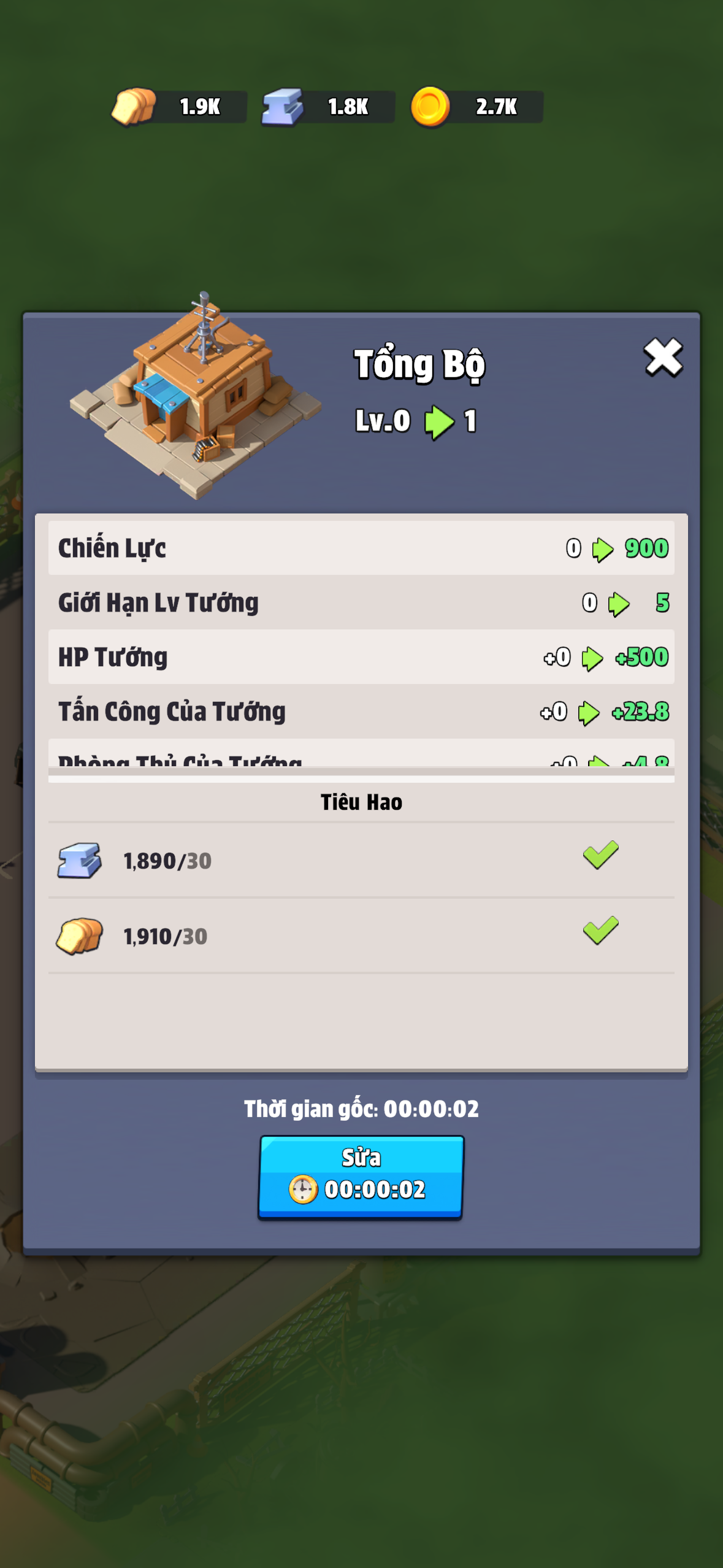The HQ upgrade panel (Tổng Bộ Lv.0 → 1): every stat change is printed precisely. Power jumps from 0 to **900**. Hero Level Limit (Giới Hạn Lv Tướng) opens from 0 to **5** — heroes cannot level past 5 until this building is upgraded. Hero HP gains +500, hero attack gains +33.8, hero defense opens as well. Cost: 1,890 iron and 1,910 food. Build time: just 2 seconds for the very first upgrade — deliberately painless to start the upgrade habit.