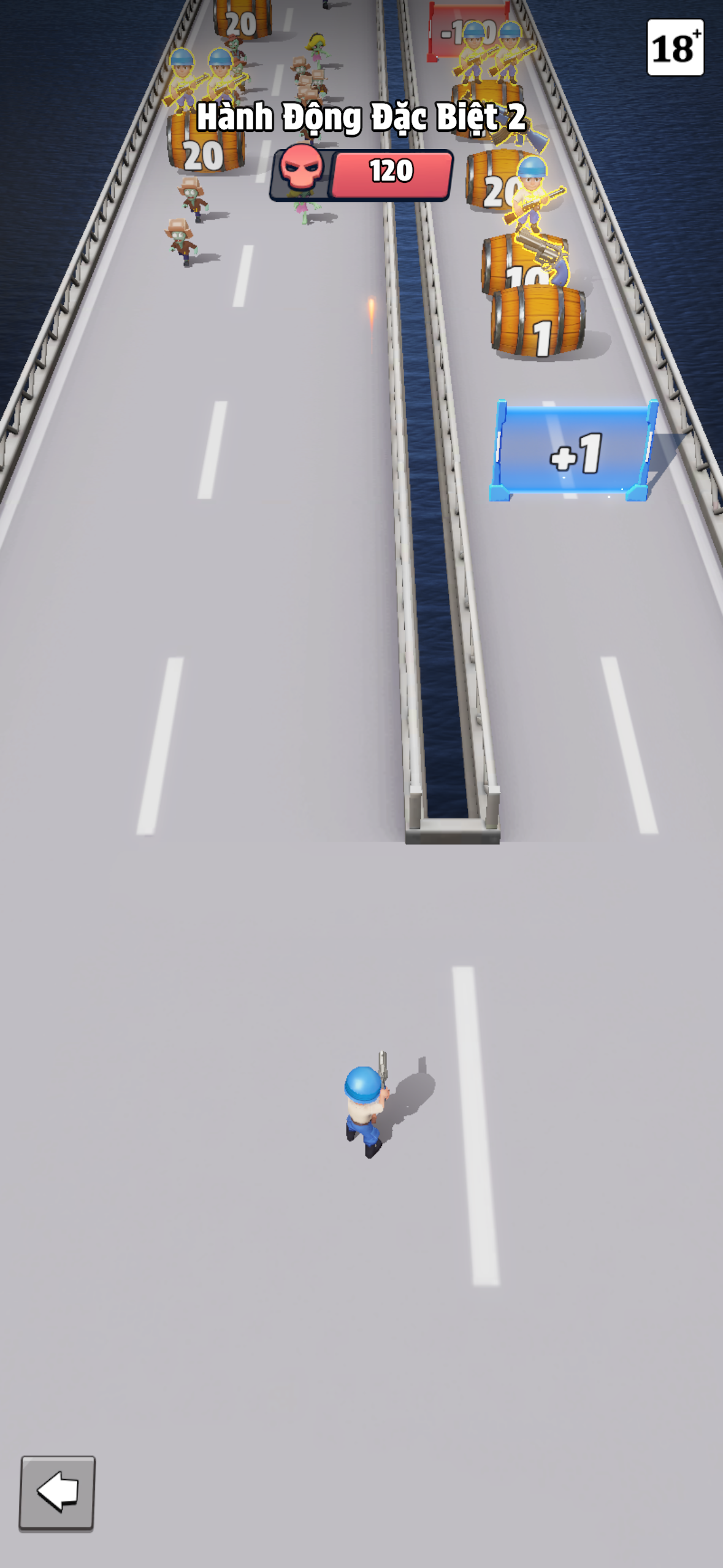 "Hành Động Đặc Biệt 2" (Special Action 2) in full motion: a blue soldier runs the center lane while a zombie enemy with a visible **120 HP bar** closes in. Barrels on the side offer +20 and +10 soldier bonuses. A "+1" reinforcement tile sits in the corner. Every element in this frame is a live micro-decision: which lane, which barrel, how to thread the gap.