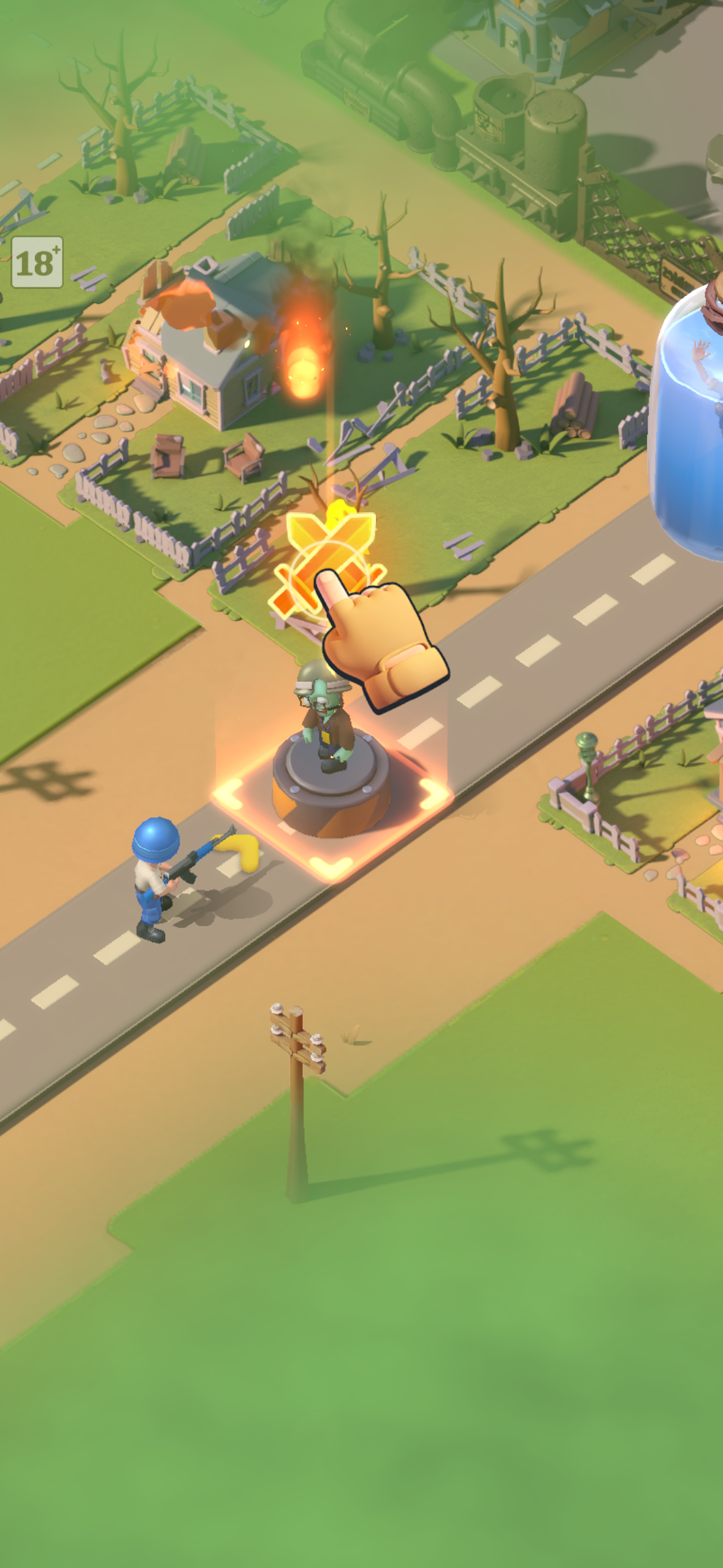 The game opens with the simplest possible tutorial: your blue soldier walks a post-apocalyptic road while a giant pointer finger hovers over a single zombie idol — the only possible target. Burning houses smoke in the background. Everything communicates in a single frame: this world is on fire, you are the only hero, and the controls need no explanation. One tap to begin.