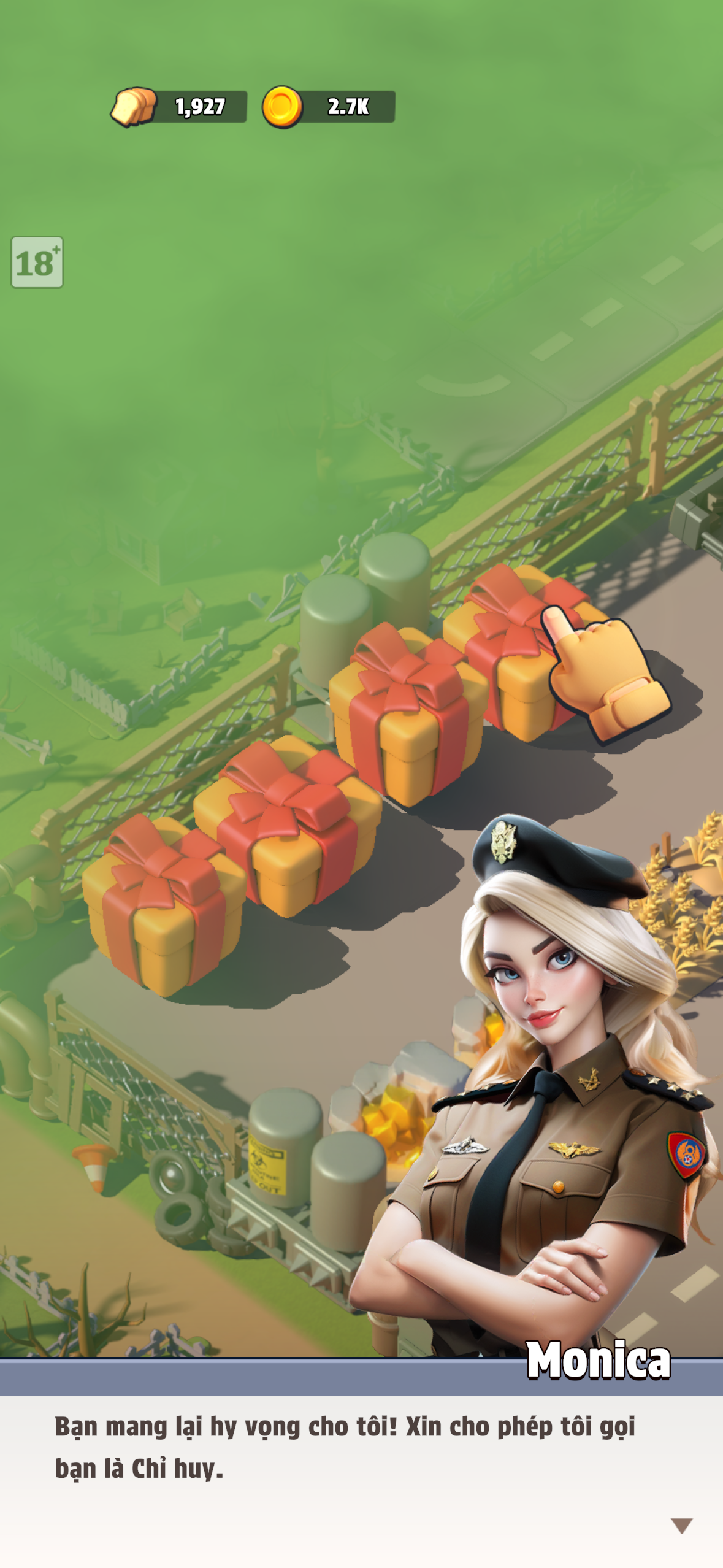 Monica's introduction: a confident military commander stands against the base backdrop, surrounded by glowing orange gift boxes she has just delivered. Her Vietnamese dialogue reads: "Bạn mang lại hy vọng cho tôi! Xin cho phép tôi gọi bạn là Chỉ huy." — *"You bring hope to me! Please let me call you Commander."* She thanks you. She names you. She brings gifts.
