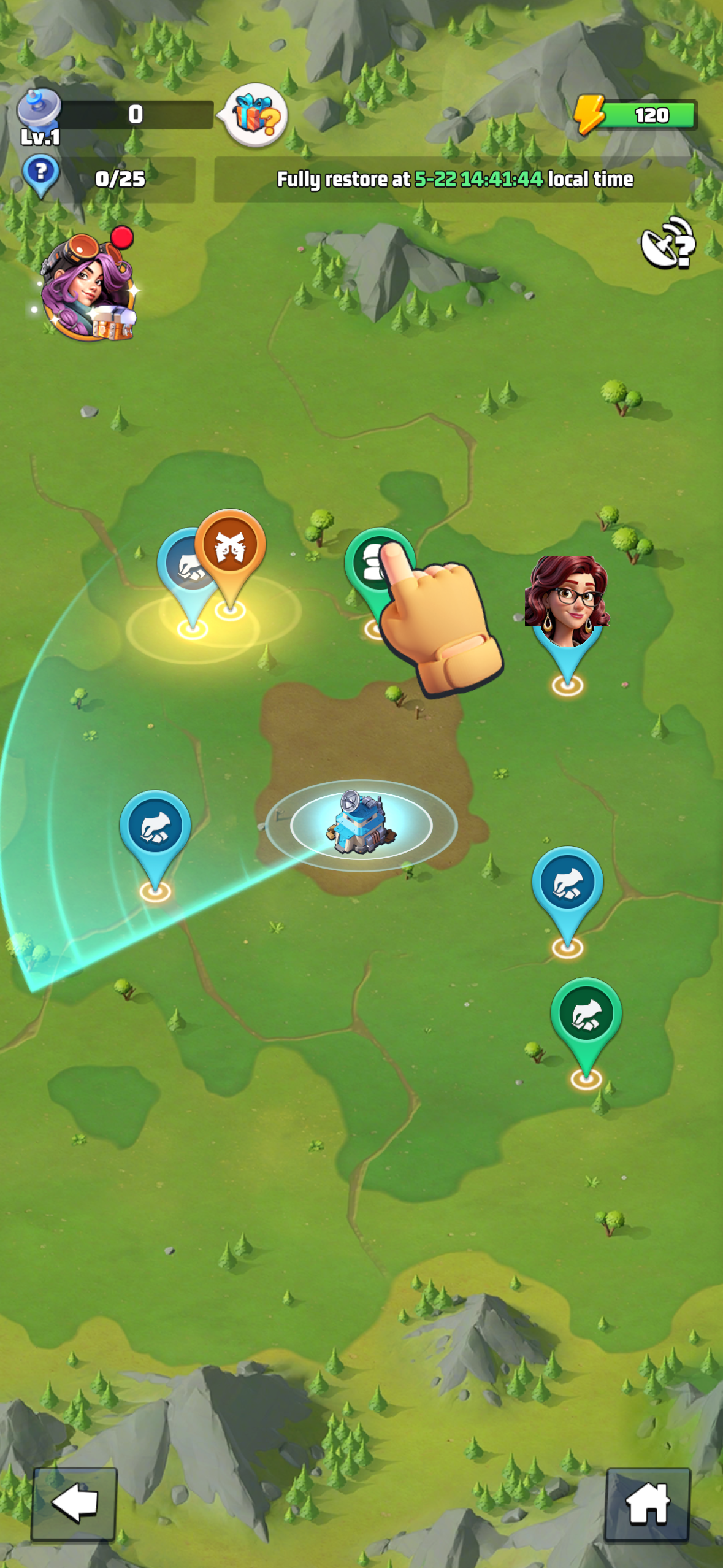 The Radar Missions map with energy at **0/25** — fully depleted. Across the top bar, a precise message: "Fully restore at 5-22 14:41:44 local time." Four mission nodes sit ready: a burned-out objective, a completed route, two untouched destinations. Your hero portrait anchors the map. Everything is ready to go. Only the energy is empty — and the clock tells you exactly when to return.