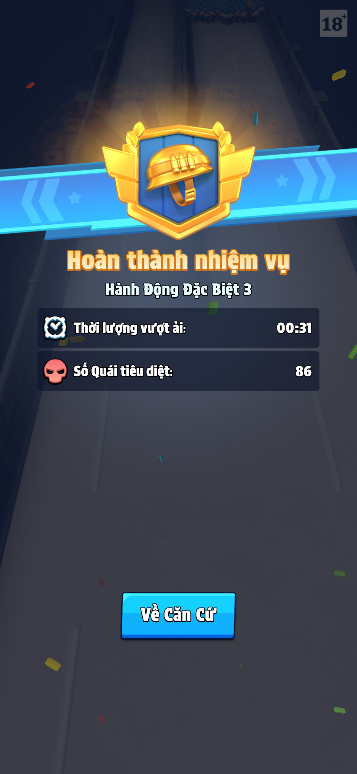 Special Action 3 completion screen ("Hoàn thành nhiệm vụ"): a gold medal, clear time **00:31**, and **86 zombies eliminated**. The result is brief and richly legible — every metric invites you to do better. The single "Về Căn Cứ" (Return to Base) button is the seam between the two games: there is no "play again" shortcut. The game enforces the transition.