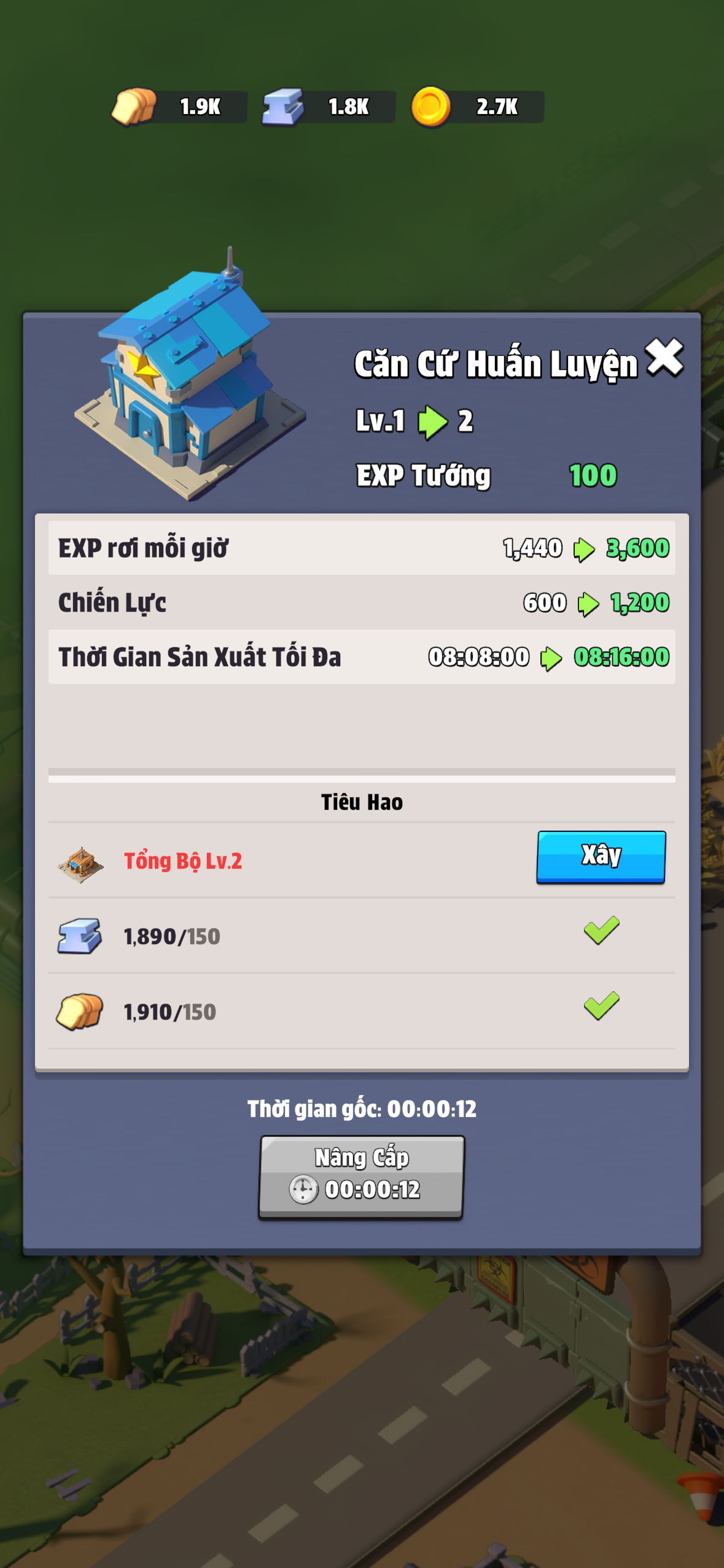 The Training Camp (Căn Cứ Huấn Luyện) upgrade panel, Lv.1 → 2: Hero EXP per hour rises from **1,440 to 3,600**. The maximum production cap extends from **8 hours to 8 hours 36 minutes** — the camp stops producing EXP if you stay away longer than that. Power contribution doubles from 600 to 1,200. Requires HQ Lv.2 as a prerequisite — another gate in the cascade. Build time: just 12 seconds at this stage, scaling to hours at higher levels.