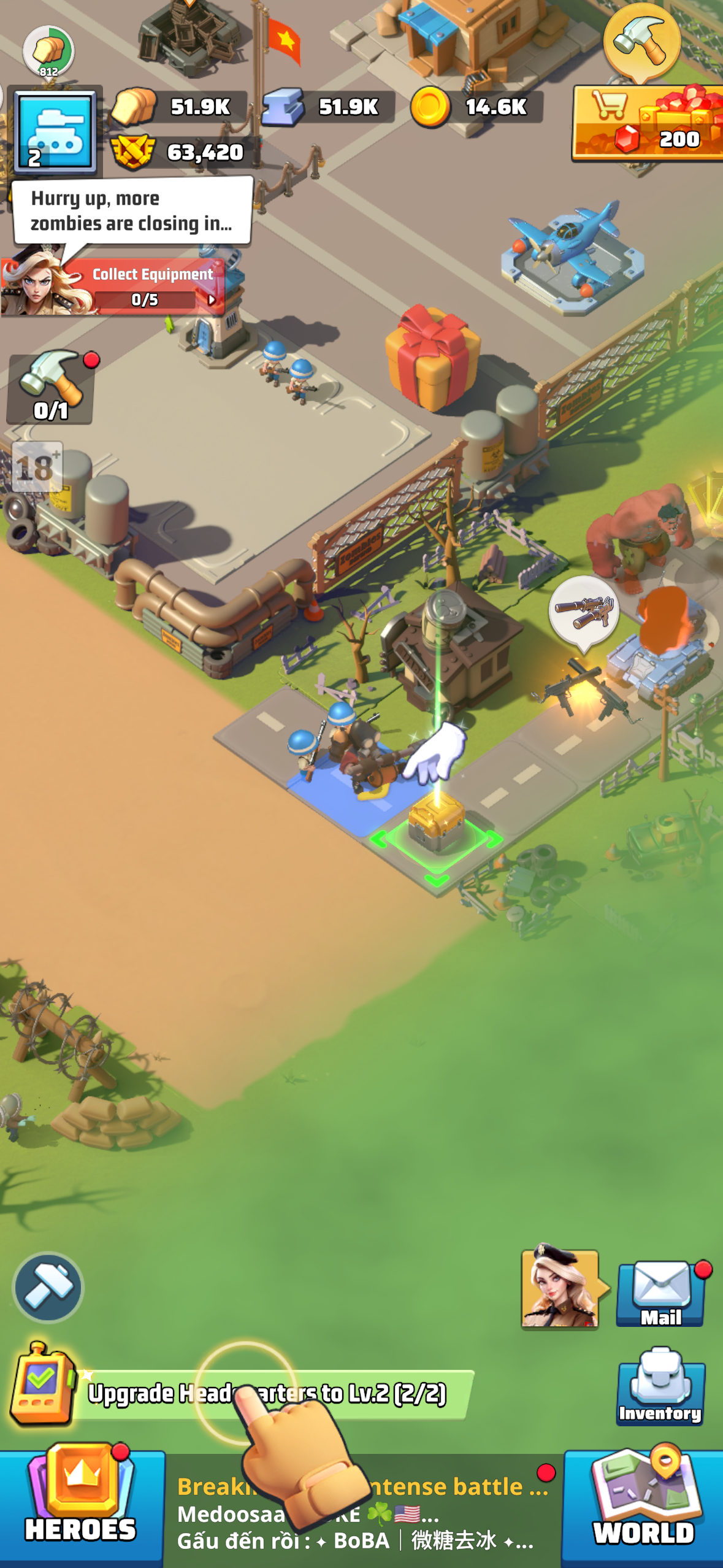 The base view interrupted by a live alert banner: **"Hurry up, more zombies are closing in..."** Resources read 51.9K gold, 51.9K iron, 14.6K food — a well-developed base, plenty to lose. A "Collect Equipment 0/5" prompt sits in the center. At the bottom: a prompt to upgrade headquarters, and a live alliance chat ticking with battle reports. Every element of this screen is communicating urgency, incompleteness, or imminent threat simultaneously.