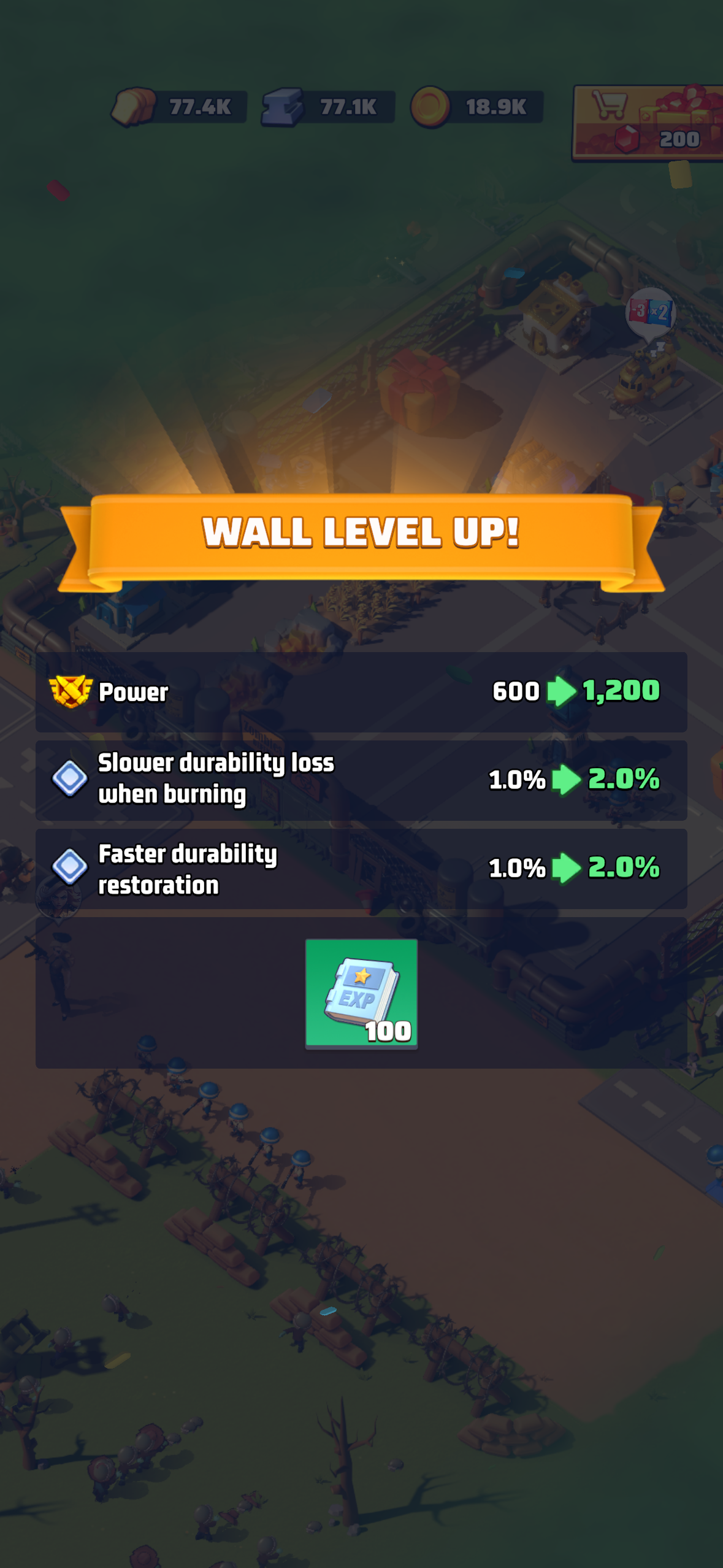 Every upgrade reports back in the universal currency of progress: Power. Here the Wall doubles a base's Power from **600 to 1,200** — and unlocks two new defensive stats: durability loss when burning slows from 1.0% to **2.0%**, and durability restoration after a fire speeds up from 1.0% to **2.0%**. The Wall is not just a number — it is a shield that becomes meaningfully better in the middle of an attack.