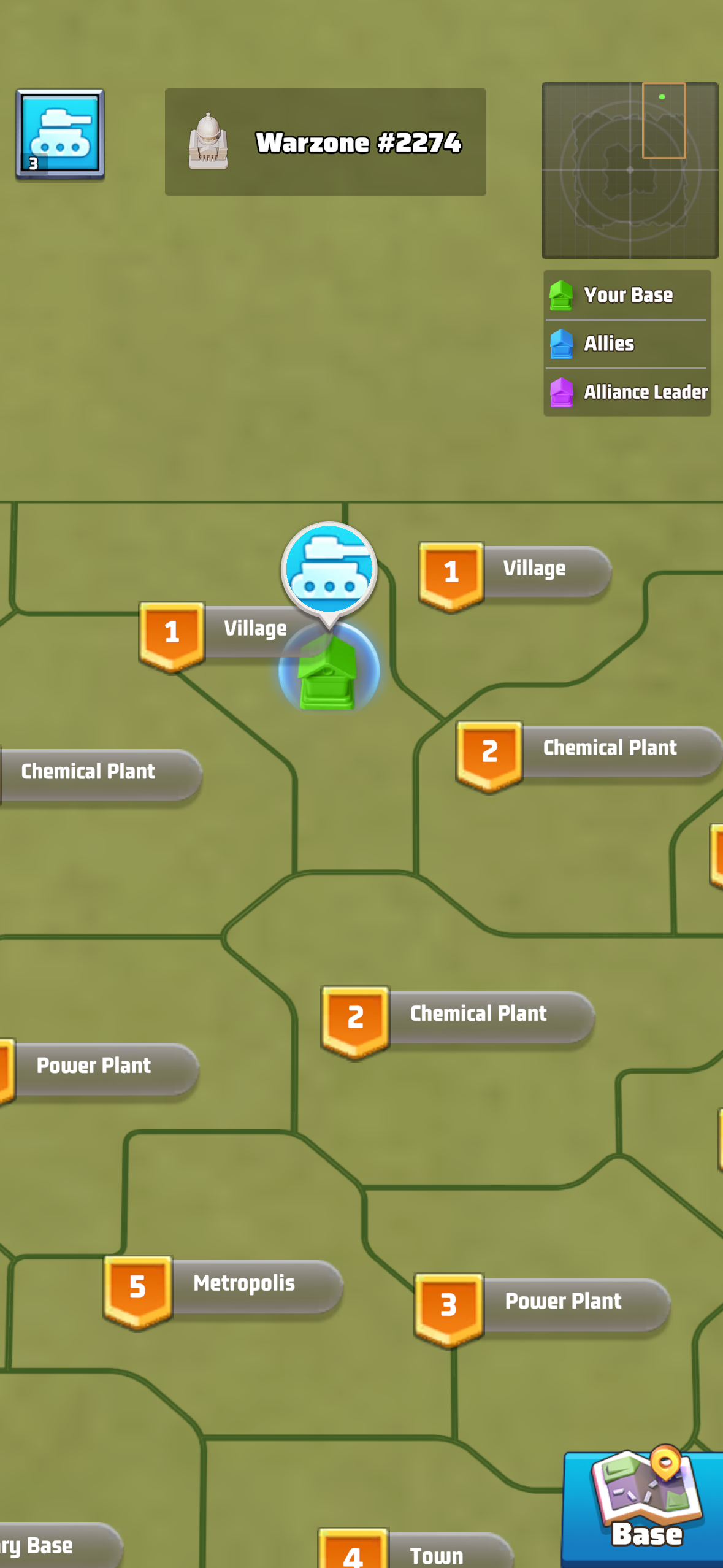 The warzone map zoomed into the settlement corridor (Warzone #2274). Numbered shields mark capturable territory: two level-1 Villages at the edge, level-2 Chemical Plants in the mid-zone, a level-5 Metropolis at the center, a level-3 Power Plant flanking it, a level-4 Town below. Each tier is a bigger prize and a harder fight to take and hold. The color-coded legend (green = your base, blue = allies, purple = alliance leader) makes the entire alliance visible as geography — not a chatroom, but a territory you can see and defend.