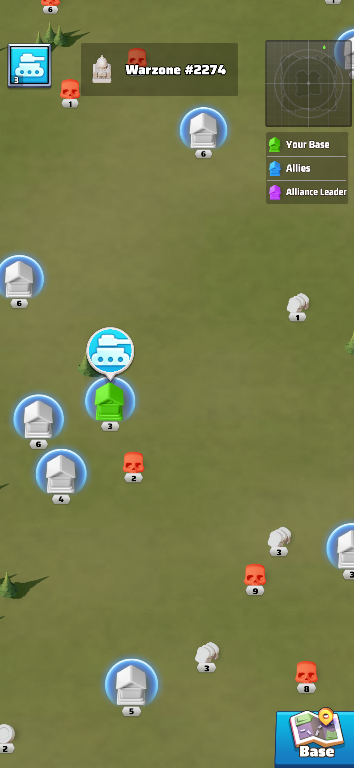 The same warzone read at maximum zoom-out: the density of the battlefield becomes clear. Grey shields with level numbers are player bases — dozens of real opponents visible simultaneously. Red skull icons mark zombie infestations distributed across the open ground. Your own base glows green with the tank commander icon. The minimap radar in the top-right maps all of this into a scannable circle. At this zoom, the world looks exactly like a board game — because strategically, it is one. Every icon is a question: is it worth sending a march?